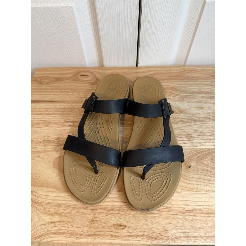 Crocs Tulum Toe Post Toe Sandal Black Tan Women 10 Strappy Slip On Flip Flop